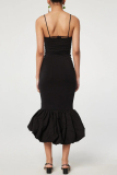 Black Sleeveless Backless Spaghetti Strap Wrapped Skirt Mermaid Hem Party Evening Wedding Formal Bodycon Midi Slip Dresses