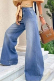Blue Casual Buttons High Waist Distressed Wide Leg Denim Jeans