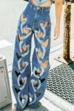Blue Casual Heart Shaped Cutout High Waist Straight Leg Denim Jeans