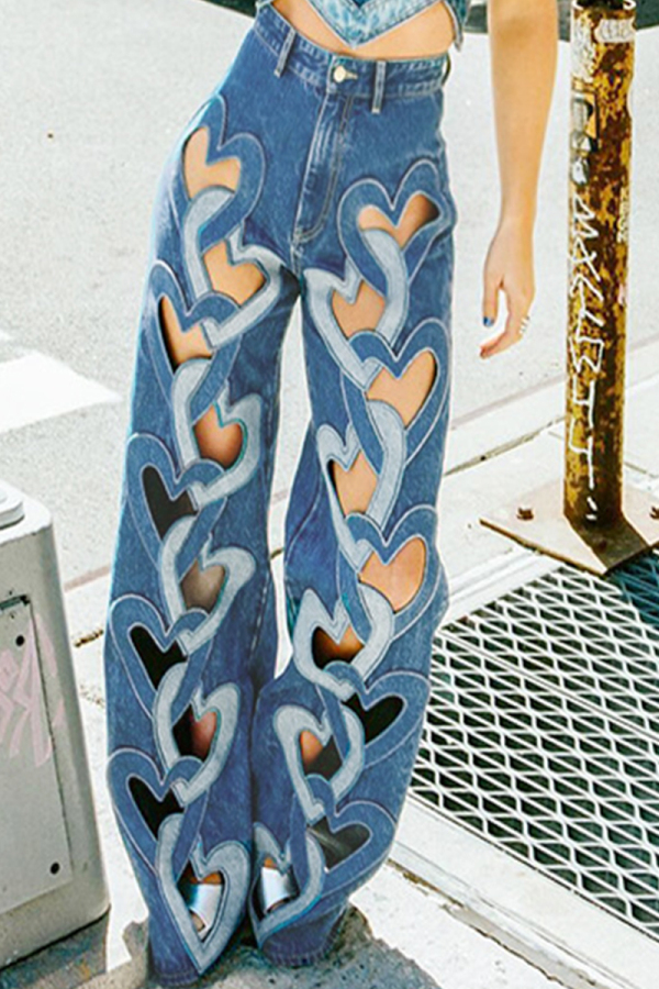Blue Casual Heart Shaped Cutout High Waist Straight Leg Denim Jeans