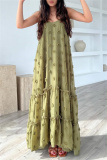Army Green 3D Flower Decor Casual Sleeveless Backless Spaghetti Strap Ruffle Hem Long Maxi Slip Dresses