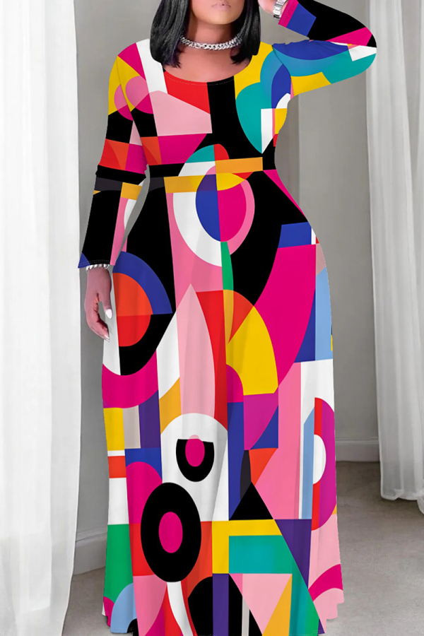 Orange Purple Casual Graphics Print O Neck Long Sleeve Straight Loose Vacation Plus Size Maxi Dresses