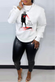 White Black Casual Letter Print O Neck Long Sleeve Fall Winter Sweatshirt