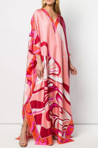 Red Casual Floral Print V Neck Side Slit Long Loose Vacation Boho Maxi Dresses