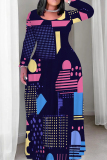 Orange Purple Casual Graphics Print O Neck Long Sleeve Straight Loose Vacation Plus Size Maxi Dresses