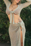Light Green Long Sleeve Hollow Out See-Through Belted Knitted Crop Tops And Side Slit Maxi Skirt Beach Vacation Two Pieces Dress Sets