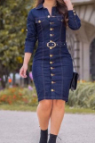 Dark Blue Casual Buttons Turndown Collar Long Sleeve Vacation Denim Midi Dresses