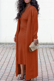 Black Casual Striped Print Long Sleeve Cape Coat And V Neck Bodycon Midi Dress Vacation Plus Size Two Piece Sets
