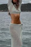 Light Green Long Sleeve Hollow Out See-Through Belted Knitted Crop Tops And Side Slit Maxi Skirt Beach Vacation Two Pieces Dress Sets