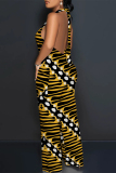 Casual Stripe Print Backless Sleeveless Loose Vacation Halter Wide Leg Jumpsuits