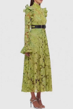 Olive Green Lace Flower Print Casual Mandarin Collar Long Sleeve Hollow Out With Belt Vacation Embroidered Crochet Dress