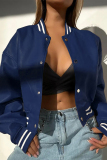 Khaki Casual Buckle O Neck Long Sleeve Leather Varsity Jackets