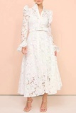 Olive Green Lace Flower Print Casual Mandarin Collar Long Sleeve Hollow Out With Belt Vacation Embroidered Crochet Dress