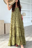 Army Green 3D Flower Decor Casual Sleeveless Backless Spaghetti Strap Ruffle Hem Long Maxi Slip Dresses