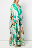 Red Casual Floral Print V Neck Side Slit Long Loose Vacation Boho Maxi Dresses