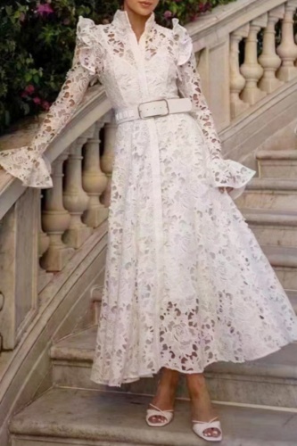 Olive Green Lace Flower Print Casual Mandarin Collar Long Sleeve Hollow Out With Belt Vacation Embroidered Crochet Dress