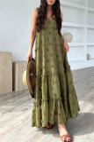 Army Green 3D Flower Decor Casual Sleeveless Backless Spaghetti Strap Ruffle Hem Long Maxi Slip Dresses