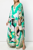 Red Casual Floral Print V Neck Side Slit Long Loose Vacation Boho Maxi Dresses
