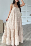 Army Green 3D Flower Decor Casual Sleeveless Backless Spaghetti Strap Ruffle Hem Long Maxi Slip Dresses