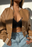 Khaki Casual Buckle O Neck Long Sleeve Leather Varsity Jackets