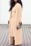 Black Casual Striped Print Long Sleeve Cape Coat And V Neck Bodycon Midi Dress Vacation Plus Size Two Piece Sets