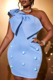 Sky Blue Backless Sleeveless Bow Decor Oblique Collar Wrapped Skirt Formal Evening Party Wedding Bodycon Mini Dresses