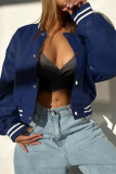 Khaki Casual Buckle O Neck Long Sleeve Leather Varsity Jackets