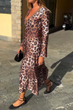 Brown Casual Leopard V Neck Long Sleeve Vacation Midi Dresses