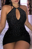 Claret Hot Drilling Backless Sleeveless O Neck Hollow Out Wrapped Skirt Formal Evening Party Bodycon Mini Dresses