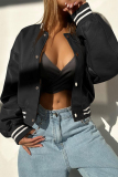 Khaki Casual Buckle O Neck Long Sleeve Leather Varsity Jackets