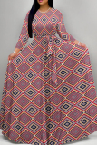 Red Blue Boho Graphics Print Deep V Neck 3/4 Sleeve Strap Design Belted Floor Length Plus Size Vacation Loose A Line Maxi Dress