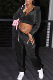 Black Casual Zipper Collar Long Sleeve Hooded Crop Jackets And Draw String Sweatpants Sportwear Two Pieces Jogger Sets