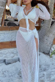 Light Green Long Sleeve Hollow Out See-Through Belted Knitted Crop Tops And Side Slit Maxi Skirt Beach Vacation Two Pieces Dress Sets