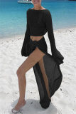 Light Green Long Sleeve Hollow Out See-Through Belted Knitted Crop Tops And Side Slit Maxi Skirt Beach Vacation Two Pieces Dress Sets