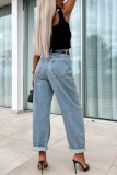 Denim Blue Casual High Waist Distressed Denim Jeans