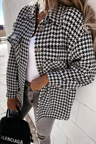 Black Casual Houndstooth Print Pocket Buttons Turndown Collar Long Sleeve Woolen Coat