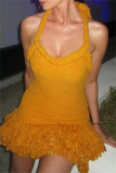Yellow Sleeveless Fringe Hem Braided Straps Knit Halter Mini Sweater Dress for Summer Outing Beach Vacation