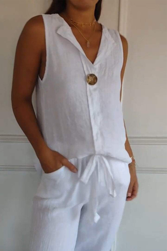 Green Casual Sleeveless Turndown Collar Buttons Vacation Linen Tank Tops