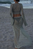 Light Green Long Sleeve Hollow Out See-Through Belted Knitted Crop Tops And Side Slit Maxi Skirt Beach Vacation Two Pieces Dress Sets