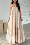 Army Green 3D Flower Decor Casual Sleeveless Backless Spaghetti Strap Ruffle Hem Long Maxi Slip Dresses