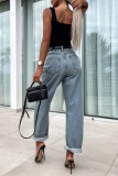 Denim Blue Casual High Waist Distressed Denim Jeans