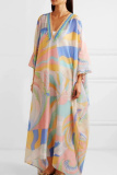 Red Casual Floral Print V Neck Side Slit Long Loose Vacation Boho Maxi Dresses