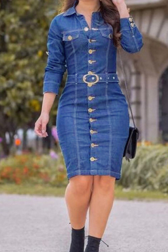 Dark Blue Casual Buttons Turndown Collar Long Sleeve Vacation Denim Midi Dresses