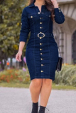 Dark Blue Casual Buttons Turndown Collar Long Sleeve Vacation Denim Midi Dresses
