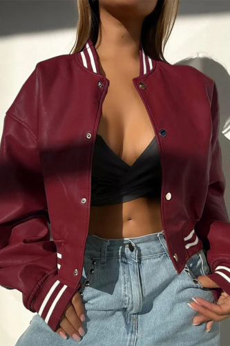 Khaki Casual Buckle O Neck Long Sleeve Leather Varsity Jackets