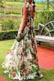Green Casual Floral Print Backless Square Neck Tie Shoulder Belted Long Vacation Pleated Maxi Dresses