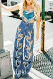 Blue Casual Heart Shaped Cutout High Waist Straight Leg Denim Jeans