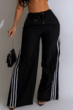 Casual Patchwork Draw String Pocket Contrast Loose Mid Waist Wide Leg Patchwork Bottoms