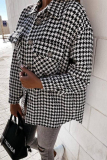 Black Casual Houndstooth Print Pocket Buttons Turndown Collar Long Sleeve Woolen Coat