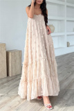 Army Green 3D Flower Decor Casual Sleeveless Backless Spaghetti Strap Ruffle Hem Long Maxi Slip Dresses